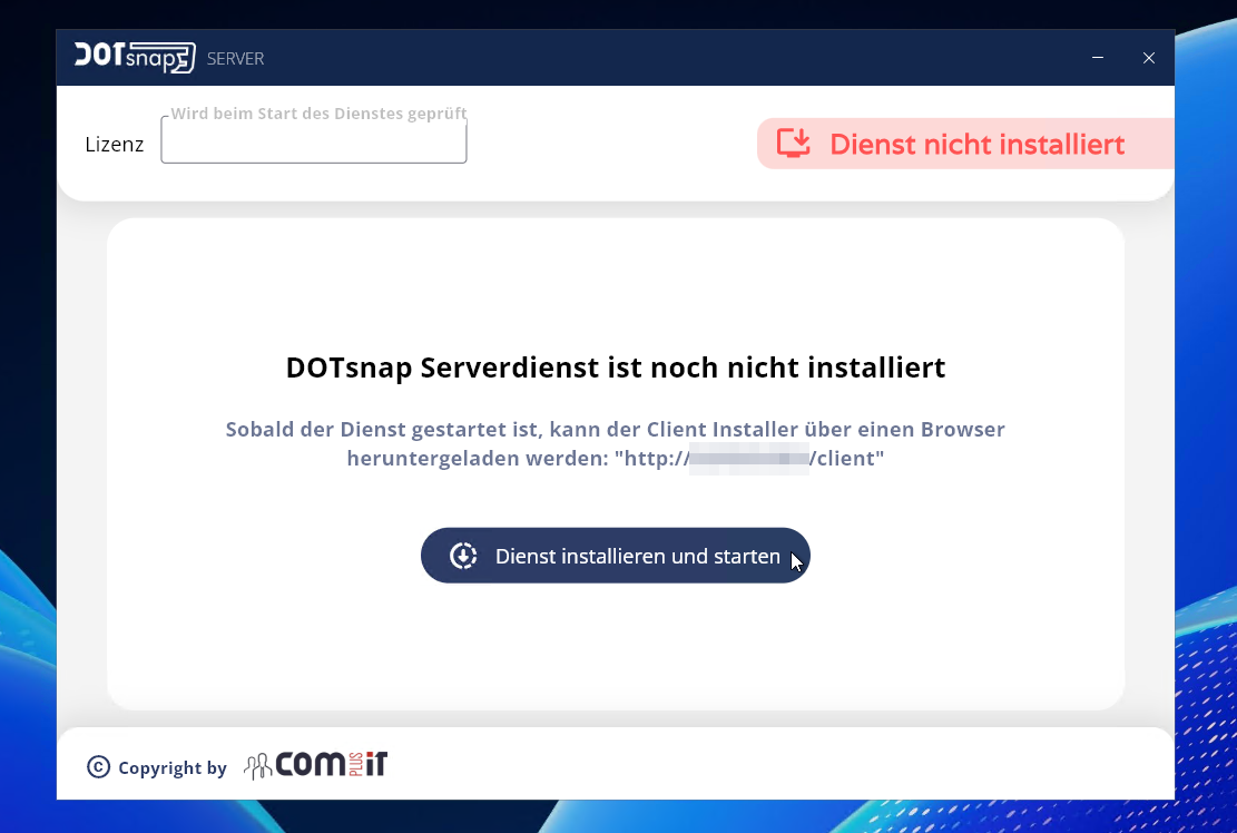 ServerManager, letzte Seite des Einrichtungsassistenten: Status „Dienst nicht installiert“ und Knopf „Dienst installieren und starten“