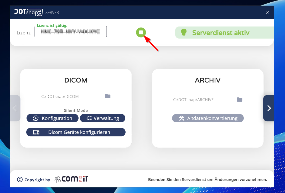 ServerManager mit Status „Serverdienst aktiv“, Ein/Aus-Symbol markiert, Karten „DICOM“ und „ARCHIV“