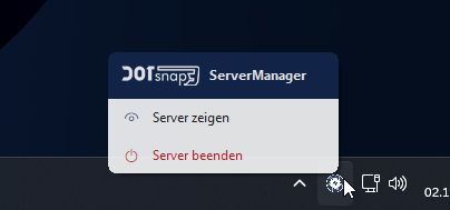 Menü des DOTsnap3-Symbols in der Windows-Taskleiste: „ServerManager“, „Server zeigen“, „Server beenden“