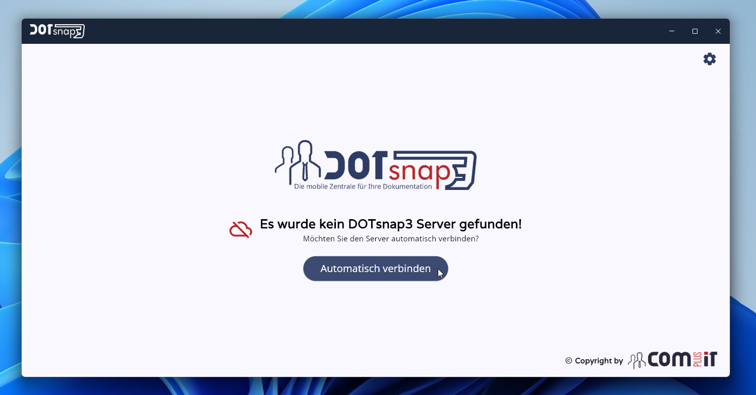 DOTsnap3 Client: „Es wurde kein DOTsnap3 Server gefunden!“ mit Knopf „Automatisch verbinden“ und Zahnrad oben rechts